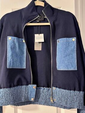 ALEZZA PARIS Denim Trim Bomber Jacket in Blue Size Large NWT